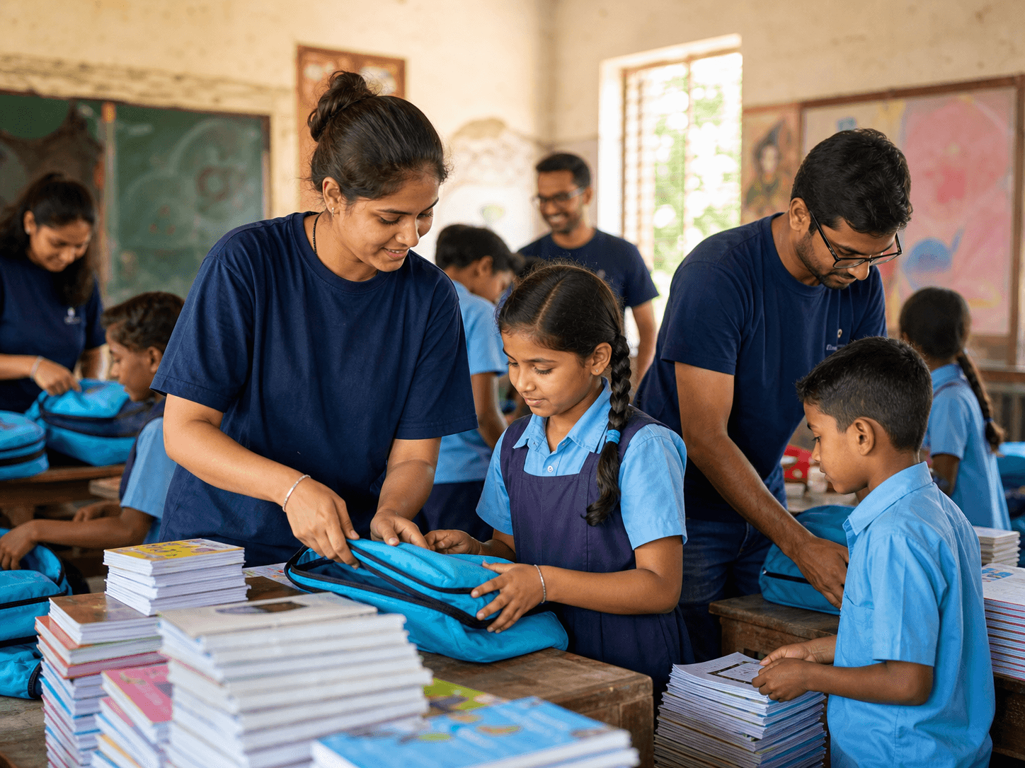 Indian community volunteers preparing learning kits