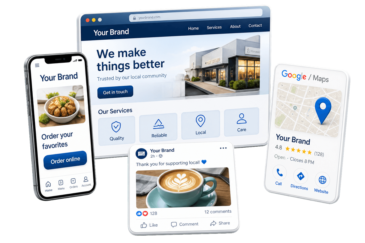Website, online orders, social post and Google Maps